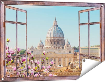 Gards Tuinposter Doorkijk Sint Pietersbasiliek in Rome met Bloemen - 90x60 cm - Tuindoek - Tuindecoratie - Wanddecoratie buiten - Tuinschilderij
