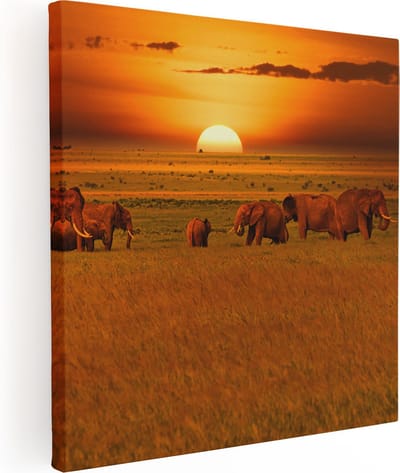 Artaza Canvas Schilderij Olifanten - 80x80 cm - Wanddecoratie Zonsondergang - Muurdecoratie Afrika - Schilderijen Dieren