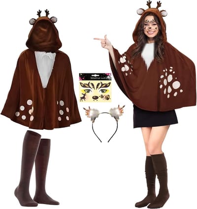 Dames Rendier Kostuum met Bruine Cape, Hoofdband en Oren voor Carnaval en Halloween Feestjes