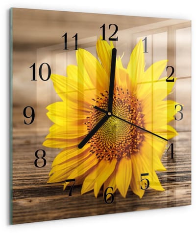 Tulup Wandklok - Zonnebloem Glazen Wandklok Design - 30x30 cm - Geel Klok Glas Met Opdruk - Zwarte Handen - Vierkante Wandklok - Moderne Wandklok Glas - Wandklok Glas Decoratie