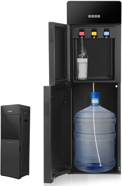 Ondervullende Waterdispenser – Vloermodel met Koud/Warm/Kamertemperatuur – Geschikt voor Flessen van 4.5-18.9L – Stijlvol Koeler voor Thuis & Kantoor – Zwart – EU-stekker