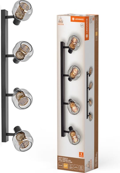 LEDVANCE Decor Spot Firefly lamp zwart in industriële stijl, 4 x 2,8 W, 1000 lm, 2700 K, behuizing van metaal en glas, E14-fitting, eenvoudige montage, dimbare OSRAM-lamp inbegrepen.