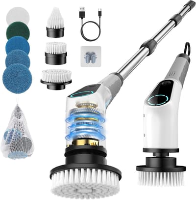 SNJY® Schrobmachine Tegelvloer - Poetsmachine - Vloerreiniger - Dweilmachine - 8 Opzetborstels - Wit