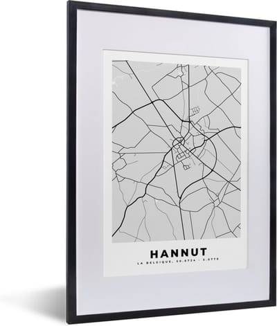 Fotolijst incl. Poster Zwart Wit- Zwart Wit – België – Plattegrond – Stadskaart – Kaart – Hannut - 30x40 cm - Posterlijst
