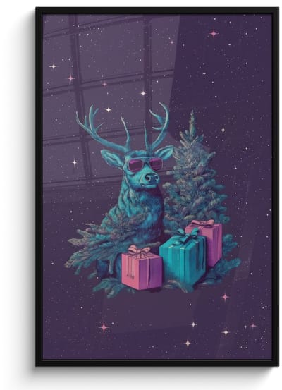 Poster in lijst - Fotolijst 80x120 cm - Posters - Rendier - Zonnebril - Neon - Kerstboom - Posterlijst zwart - Decoratie - Wanddecoratie woonkamer - Muurdecoratie slaapkamer - Kerstversiering - Kerstdecoratie voor binnen - Kerstmis