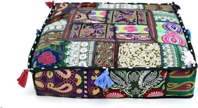 Poef Hoes - Voetenbank Decoratie - Woonkamer Aankleden - Handgemaakt Patchwork - 56 x 56 x 13 cm - Lichtgroen
