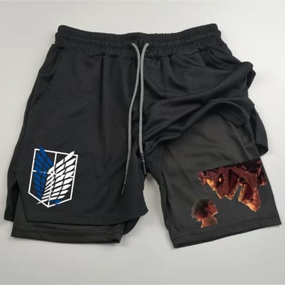 Anime Attack on Titan Print Heren Twee-in-Eén Dubbellaags Sport Fitness Casual Shorts XL black