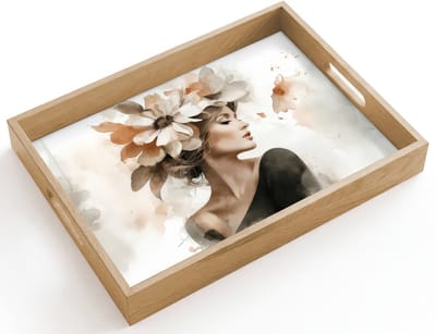 Dienblad hout 40x30 cm - Schootdienblad - Bloesem - Portret - Gezicht - Borrelplank rechthoek - Plateau dienbladen