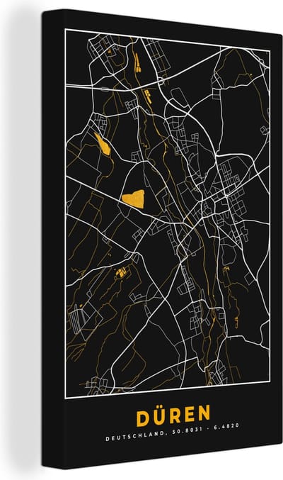 Canvas Schilderij Black and Gold – Stadskaart – Düren – Duitsland – Plattegrond – Kaart - 20x30 cm - Wanddecoratie