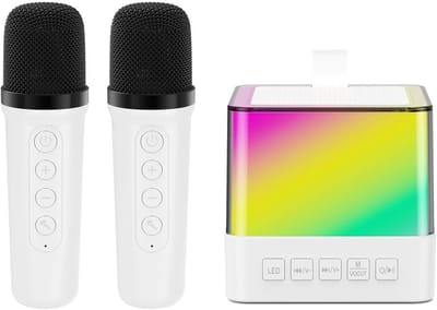 Mini-karaokemachine met 2 draadloze microfoons, draagbare draadloze lichtshow-Bluetooth-luidspreker voor volwassenen en kinderen met LED-sfeerverlichting, voor thuis/verjaardag/feest/kerst/buiten/binnen evenementen