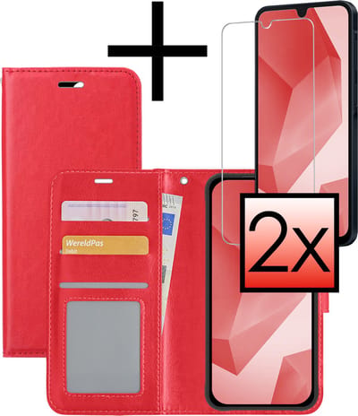 Hoesje - Met 2x Screenprotector - Geschikt voor Samsung Galaxy A16 - Luxe Pasjeshouder - Bookcase Portemonee - Flip Case - Kunstleer Book Case - Flipcase Hoes - Book Cover - Walletcase - Portemonneehoes - Rood