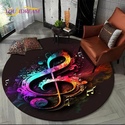 Cartoon Kleurrijke Muzieknoot Muziekpartituur Rond Tapijt Vloerkleed voor Woonkamer Slaapkamer Kinder Speelkamer Decor, Huisdieren Vloerkleed Antislip Mat Diameter 60cm