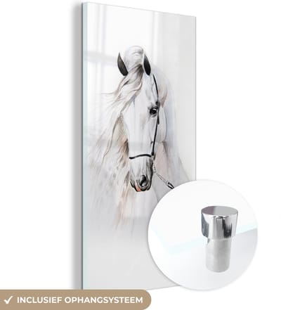 MuchoWow® Glasschilderij 60x120 cm - Schilderij acrylglas - Paard - Waterverf - Dieren - Wit - Foto op glas - Schilderijen
