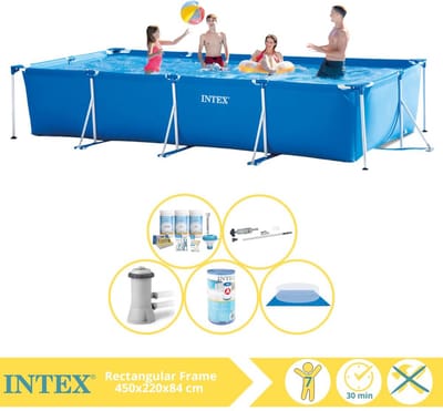 Intex Rechthoekig Frame Zwembad - 450 x 220 x 84 cm - Blauw - Inclusief Onderhoudspakket - Zwembadfilterpomp - Filter - Grondzeil - Stofzuiger - 6-delig
