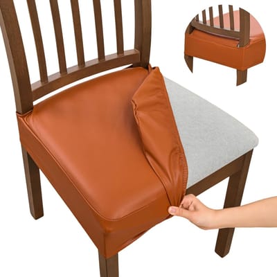 Daity Waterdichte stoelhoezen voor eetkamerstoelen - set van 2 - PU-leren stoelhoezen - afneembaar en wasbaar - zonder rugleuning (PU-lichtbruin)