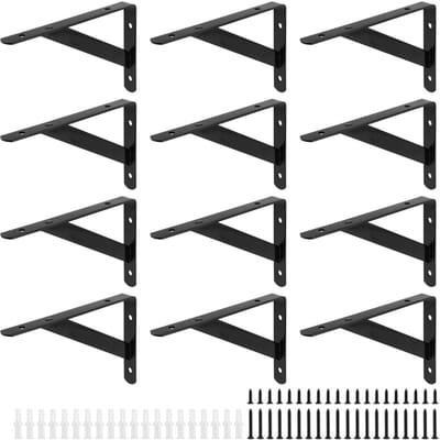 Dailygoods- Plankbeugels Heavy Duty - 12 Stuks - Wandgemonteerde Planksteun - Driehoekige Beugels - Zwart - Roestwerend Materiaal - Planksteunen