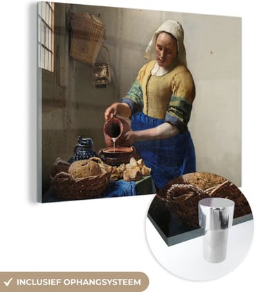 MuchoWow® Glasschilderij 160x120 cm - Schilderij acrylglas - Het melkmeisje - Schilderij van Johannes Vermeer - Foto op glas - Schilderijen