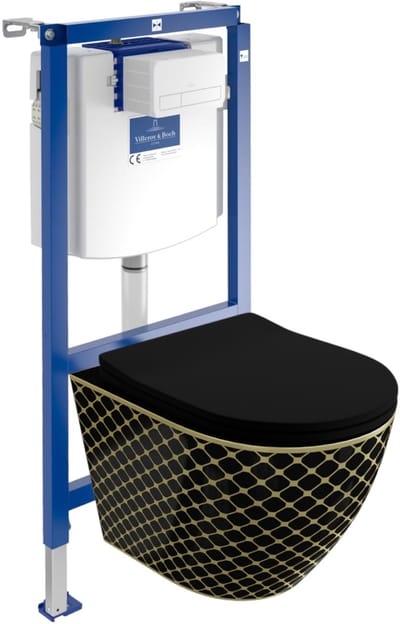 Villeroy&Boch Inbouwreservoir Complete Toiletset ViConnect H112 - Inbouw WC Hangtoilet Wandcloset SOFI SLIM BLACK NIGHT - Bedieningsplaat Wit - Voorwandelement voor toilet - Installatiesysteem