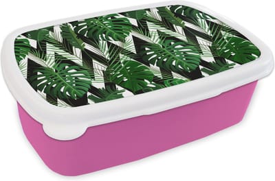 Broodtrommel Roze - Lunchbox - Brooddoos - Monstera - Zwart Wit - Patronen - 18x12x6 cm - Kinderen - Meisje
