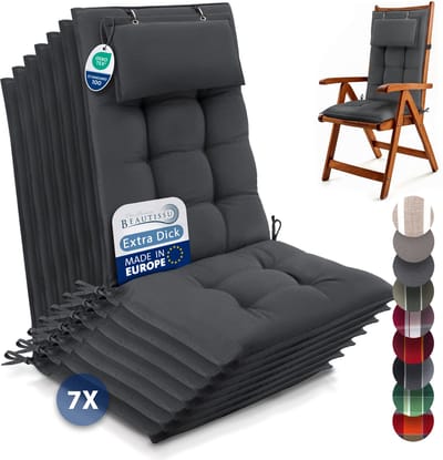 Beautissu Sun-HL - Set van 7 Premium Hoge Rugleuning Kussen met Hoofdkussen 120x50 cm – UV-bestendig & 8cm Dik Kussen Tuinstoelkussen Antislip Bevestigingsbanden – Stevige Stof Antraciet