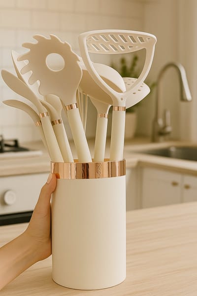 Kadirelli Keukenset 10-delig – Siliconen & Hout – Creamkleur – Hittebestendig & Vaatwasserbestendig