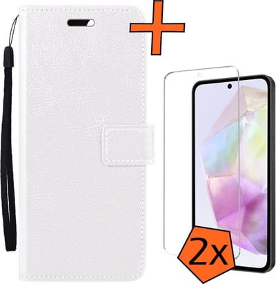 Hoes - Met 2x Screenprotector - Geschikt voor Samsung Galaxy A35 - Luxe Pasjeshouder - Bookcase Portemonee - Flip Case - Kunstleer Book Case - Flipcase Hoes - Book Cover - Walletcase - PortemonneeHoes - Wit