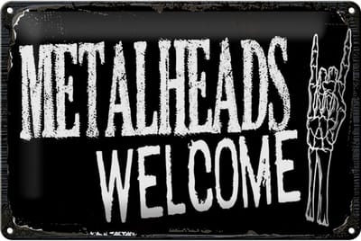 Blechschild Spruch 12x18 cm Metalheads welcome Skeletthand Deko Schild