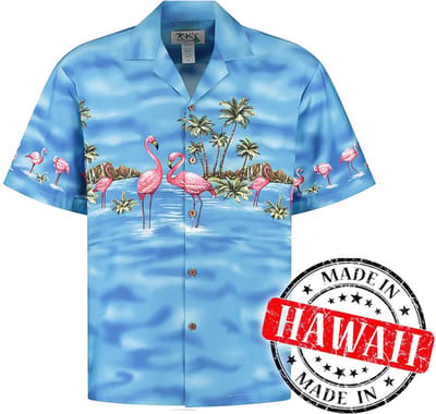 Hawaii Blouse Mannen - Shirt - Hemd - 100% Katoen - Overhemd Heren Korte Mouw - Made in Hawaii "Flamingo in het Water" Maat M