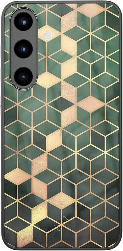 Hoesje geschikt voor Samsung Galaxy S25 - Kubus groen - Luxe Glazen Hardcase - Print / Illustratie - Groen