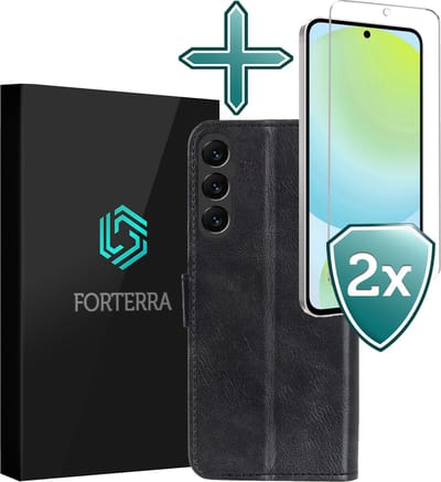 Hoesje Met 2x Screenprotector - Geschikt voor Samsung Galaxy S24 FE - Luxe Pasjeshouder - Flip Case - Bookcase Portemonee - Kunstleer Book Case - Flipcase Hoes - Book Cover - Walletcase - Portemonneehoes - Zwart