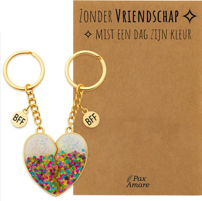BFF Sleutelhanger voor 2 'Zonder Vriendschap mist een dag zijn kleur' - Magnetisch Glitter Hartje - Sleutelhanger set op Cadeau Kaartje - Goudkleurig - Vriendschap Symbool - Pax Amare