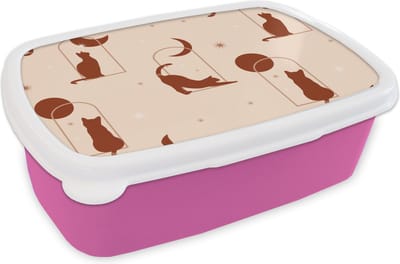 Broodtrommel Roze - Lunchbox - Brooddoos - Kat - Sterren - Patronen - 18x12x6 cm - Kinderen - Meisje