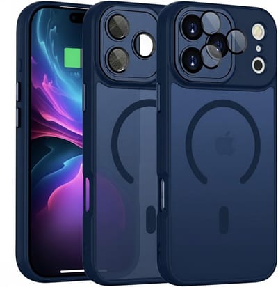 Hoesje Geschikt voor iPhone 17 Pro - Geschikt voor MagSafe Telefoonhoesje - Donker Blauw - Casemania Matte Armor Magnetische Back Cover - Val/Stoot Bescherming met Camera Protection