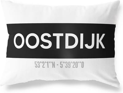 Tuinkussen OOSTDIJK - ZEELAND met coördinaten - Buitenkussen - Bootkussen - Weerbestendig - Jouw Plaats - Studio216 - Modern - Zwart-Wit - 50x30cm