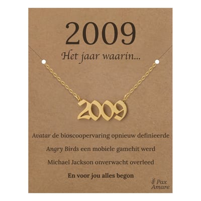 Jaartal 2009 Ketting op Cadeau Kaartje - Goudkleurig Stainless Steel - 45cm - Met informatie over geboortejaar - Pax Amare