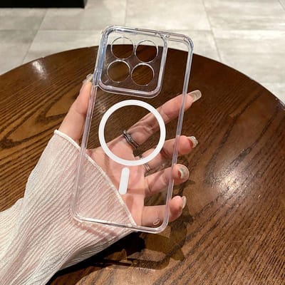 Pour Coque de Téléphone Transparente Magsafe Pour Xiaomi Mi 14 Ultra 13T 13 12 12T Pro Magnétique Transparent Chargement Sans Fil Housse Antichoc For Xiaomi 14 brown