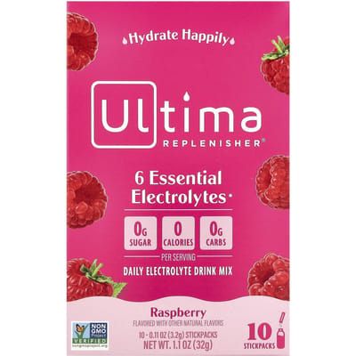 Ultima Replenisher, 6 Électrolytes Essentiels, Mélange de Boisson Électrolytique Quotidien, Framboise, 10 Sachets Sticks, 0,11 oz (3,2 g)