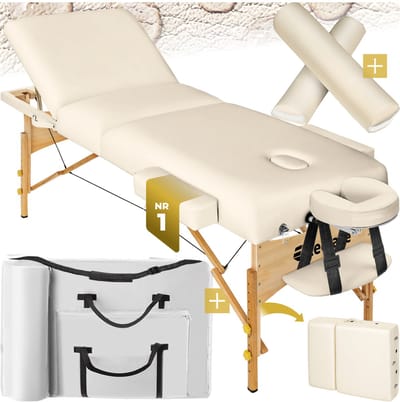 tectake® 3-Zones Massagetafel Somwang - 7,5cm Matras en Houten Frame - Opvouwbare Behandelbank met Rol- en Hoofdsteun, Draagtas Inclusief - Max Draagvermogen 250kg - Beige
