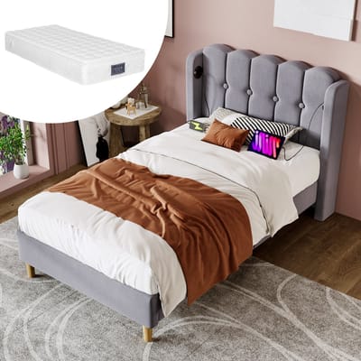 MEUNIQ gestoffeerd eenpersoons bed 90x200 cm met lattenbodem, hoofdbord en USB/Type-C laadfunctie, bedframe voor slaapkamer of logeerkamer, grijs