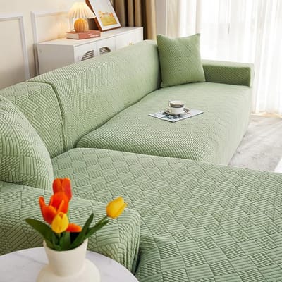 Jacquard effen kleur bankhoezen stofdicht stretch L-vormige hoekbank hoes voor woonkamer kantoor afneembare bankhoezen 3 seater (195-230cm)