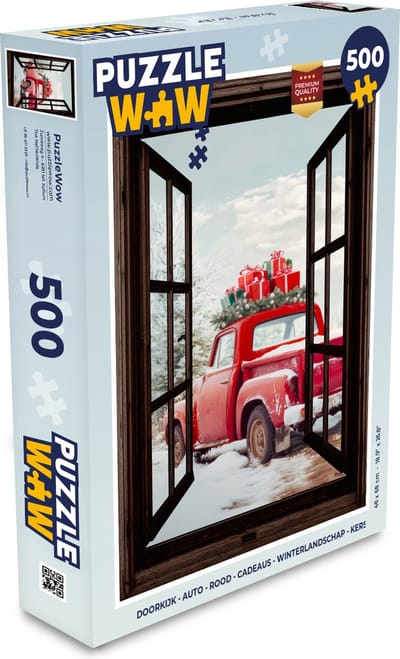 Puzzel Doorkijk - Auto - Rood - Cadeaus - Winterlandschap - Kerst - Legpuzzel - Puzzel 500 stukjes - Kerst - Cadeau - Kerstcadeau voor mannen, vrouwen en kinderen