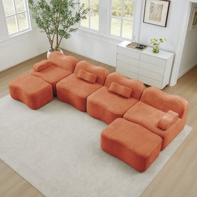 Modulaire U-Bank 4-Zits - Fluwelen Hoekbank Met 2 Poefs - Oranje