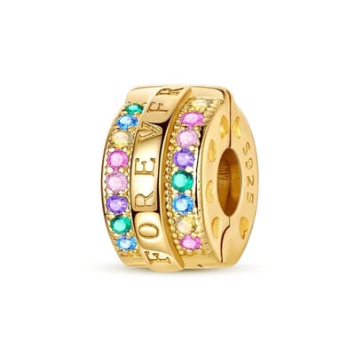 Fler® | Bedel | Past op populaire bedel armbanden (standaard-3mm) | armbandbedel | Goudkleurige Forever Clip Bedel | Hangbedel Charm | 925 sterling zilver | Zirkonia | Vriendschap, Verjaardagsgeschenk, Cadeau | Valentijn kado