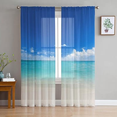 Strand Lucht Zee Tule Gordijnen Voor Woonkamer Slaapkamer Decor Chiffon Transparant Voile Keuken Raamgordijn 135W x 114H(cm) blue
