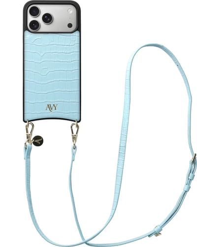 AVY Leren Hoesje Geschikt voor Apple iPhone 17 Pro Max | Compatibel met MagSafe | Leather Case met Telefoonkoord | Crossbody | Croco Blauw | Long Leather