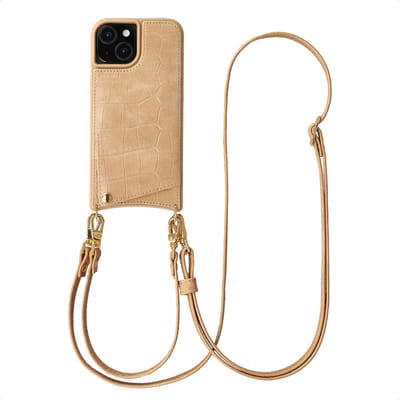 Selencia Hoesje - Geschikt voor Apple iPhone 15 - Croco Backcover met koord en pashouder - Toasted Almond
