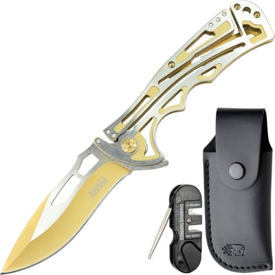 AdroitGoods Multifunctioneel Skeleton-Design zakmes – survival & outdoor - Opvouwbaar multifunctioneel outdoor-mes - Roestvast stalen lemmet met Skeleton-Design patroon Goud