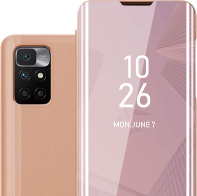Cadorabo Hoesje geschikt voor Xiaomi RedMi 10 in KUNZIET ROZE - Clear View Spiegel Beschermende Case met Tribunefunctie 360 Graden Bescherming Book Case Cover Etui