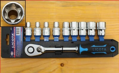 Hoogwaardige zeskant Dopsleutelset 1/2" E-Profiel met Omkeerbare Ratel - Robuuste Chrom-Vanadium-Staal Constructie, Ergonomische Handgreep en Volledige Set Maten E10 t/m E24 voor Professioneel Gebruik