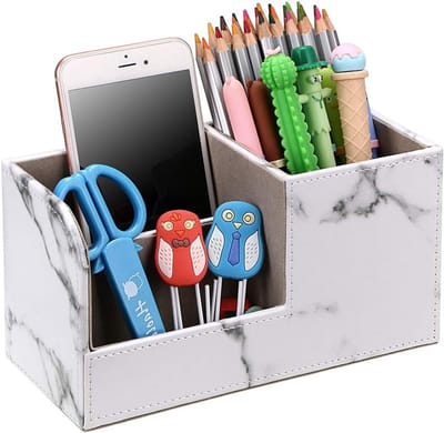 Multifunctionele PU Leren Bureau Organizer met 3 Compartimenten voor Pennen, Visitekaartjes en Telefoon - Ideaal voor Kantoor en Cosmetica Opslag (Marmer Wit)
